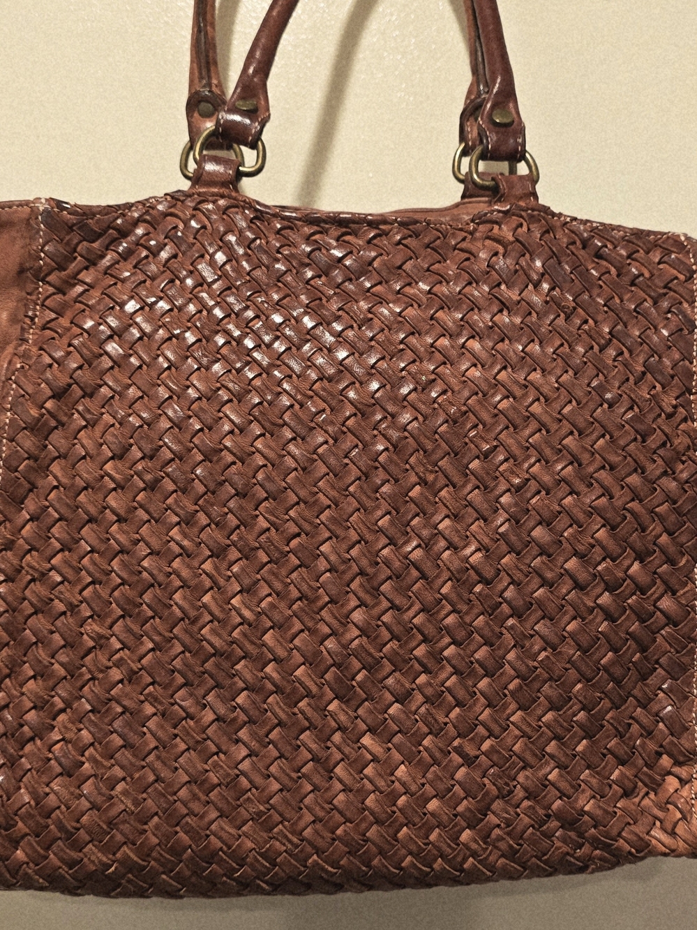 LANGELLOTI Woven Leather Brown Tote Bag with Dual Handles